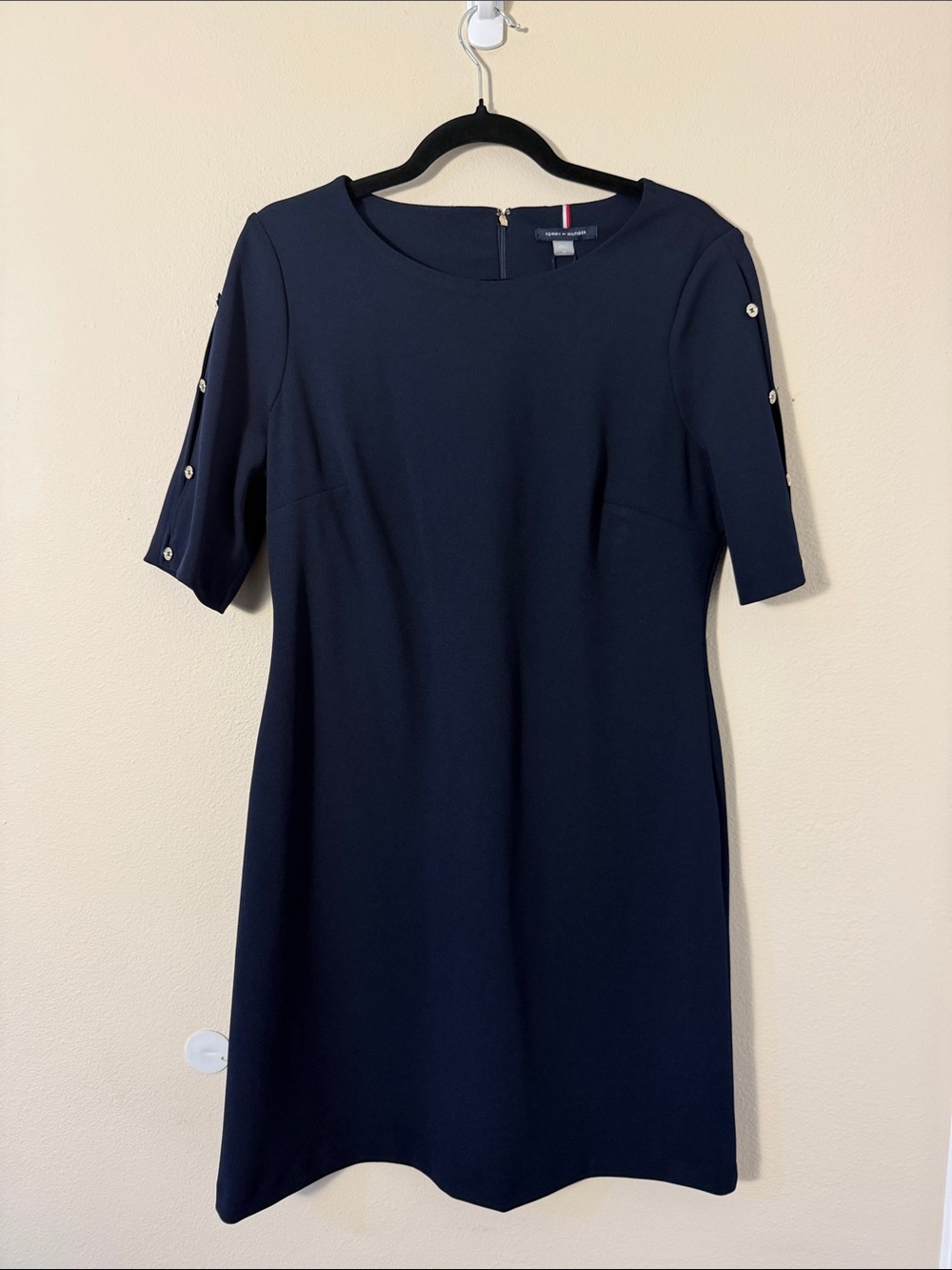 Tommy Hilfiger Navy Blue Short Sleeve Button Detail Black Sheath Dress Size 12